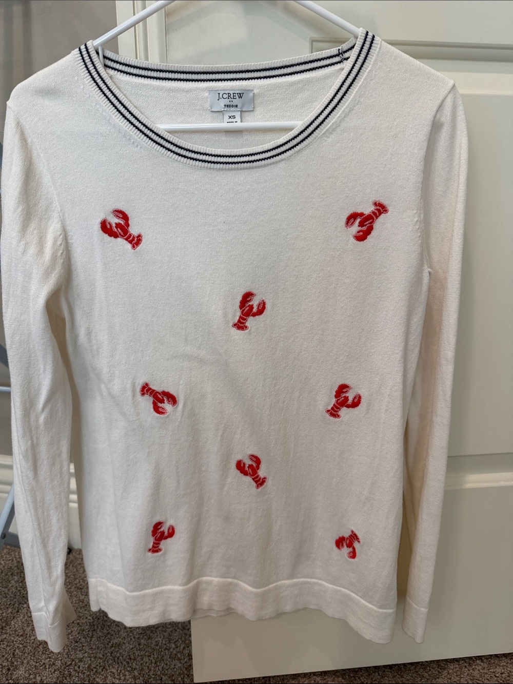 J. Crew White Sweater with Red Lobster Motif and Navy Trim